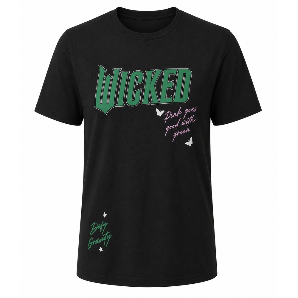 Wicked Movie Graphic T Shirt Black Defy Gravity Pink Goes Good With Green Large